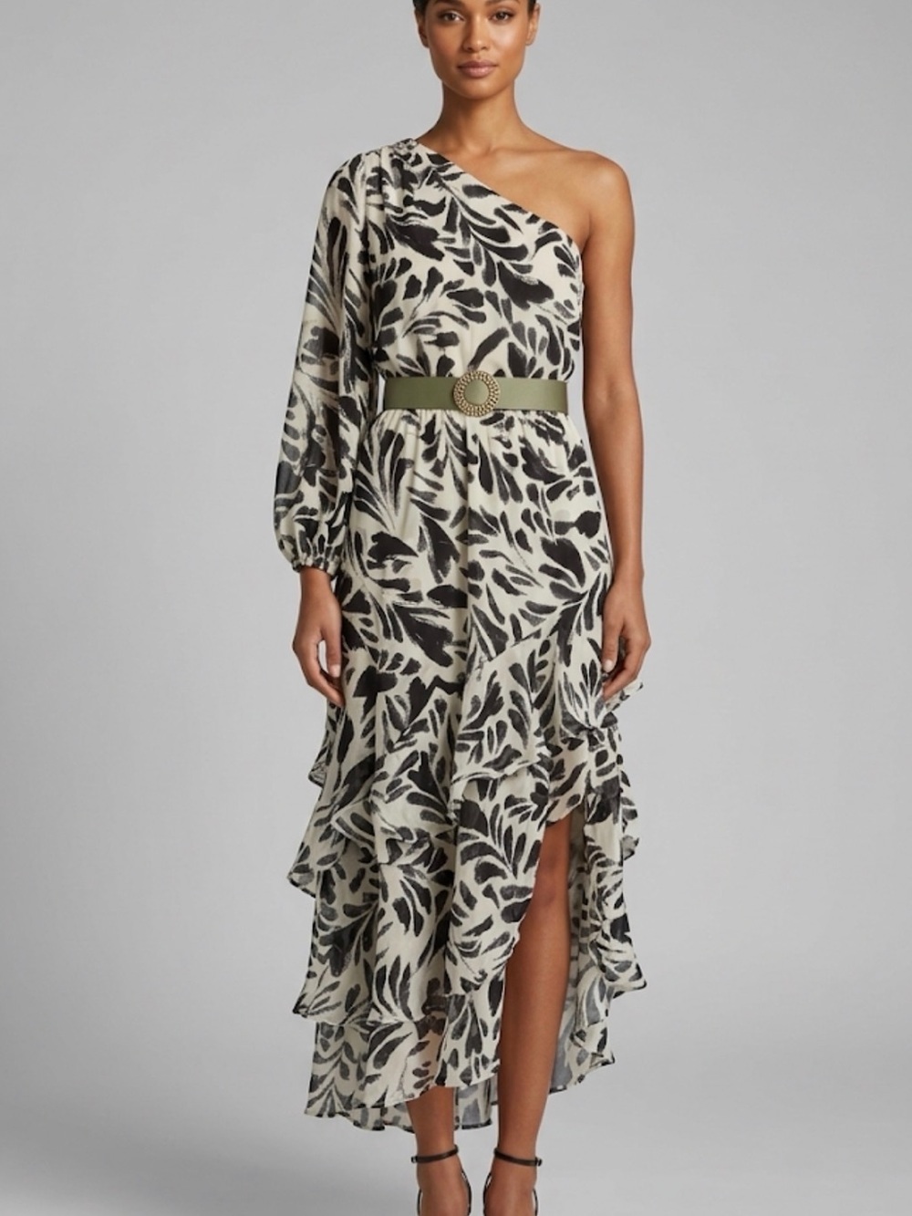 Alexis Black and Cream One-Shoulder Ruffle Maxi Dress